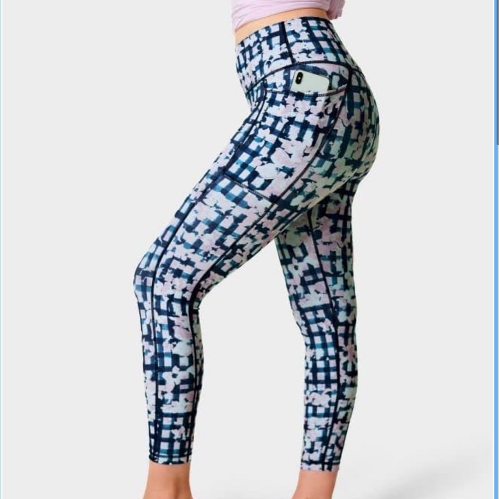 Sweaty Betty Super Sculpt Pocket 7/8 Leggings in Blue Flower Check Size 12